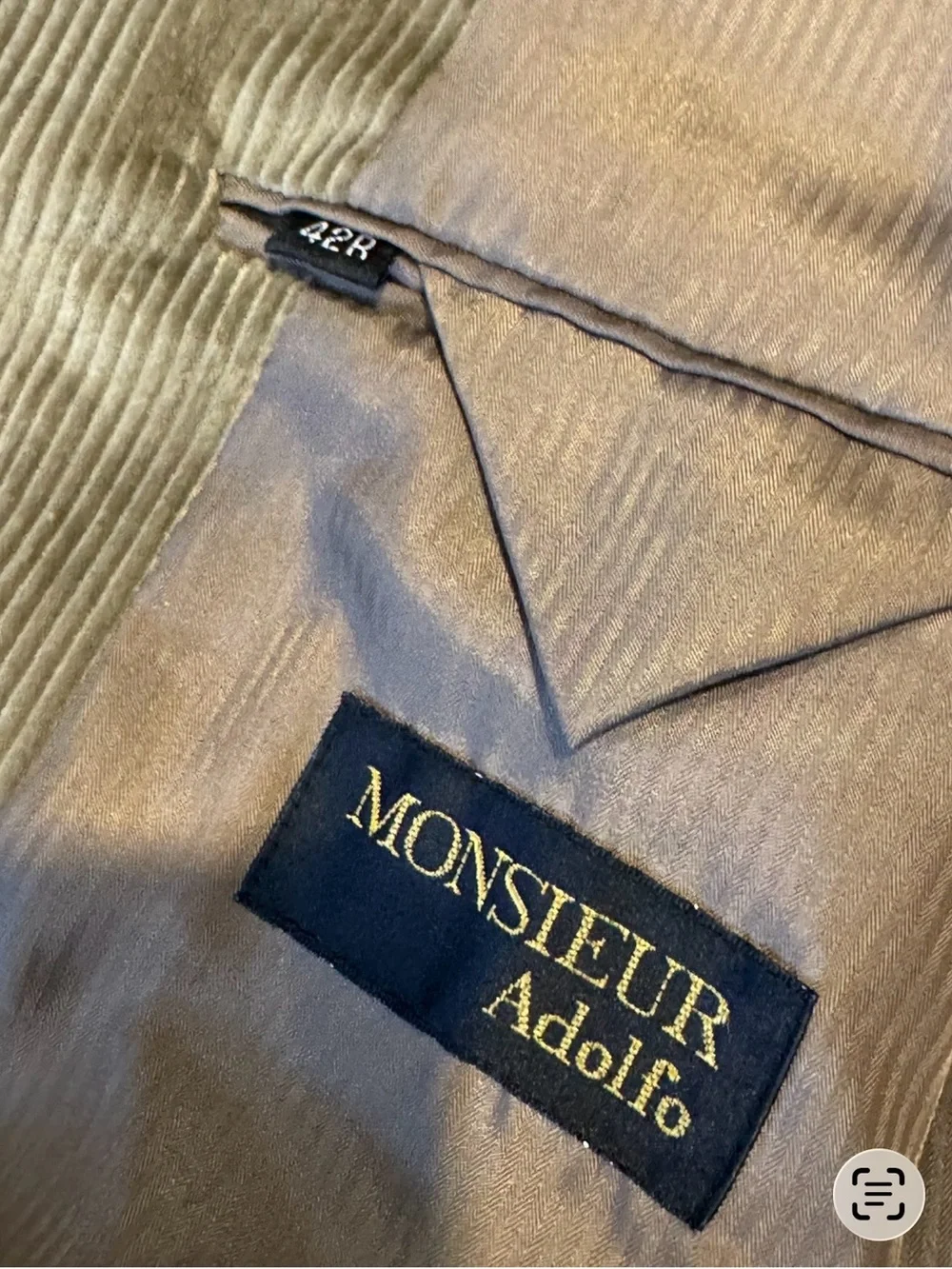 Monsieur Adolfo Men’s Corduroy Blazer 42R Olive Taupe Two-Button Sport Coat